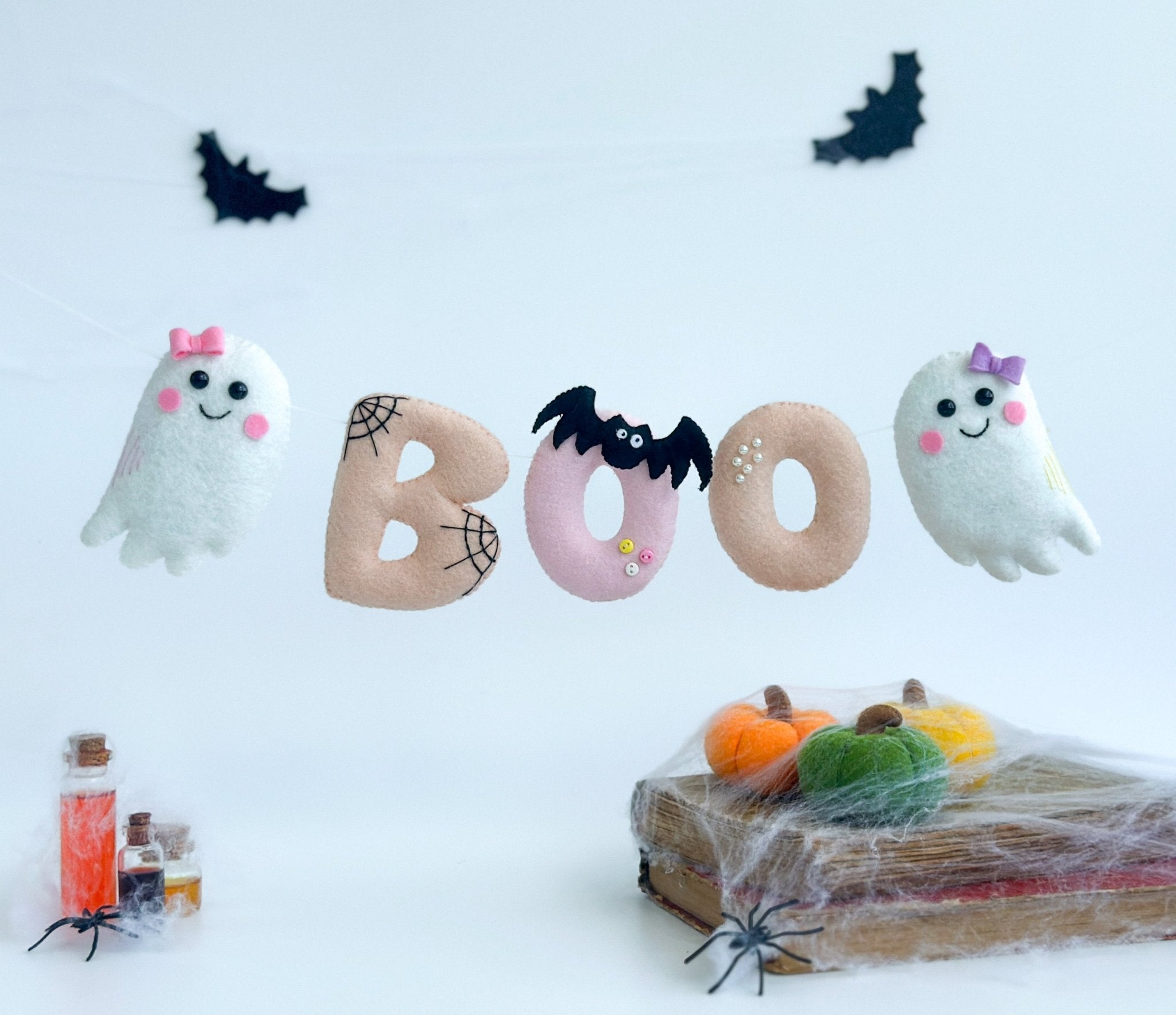 Ghost “BOO” Wall Hanging – Handmade Felt Halloween Garland with Ghosts, Bat & Letters - WoollyFox